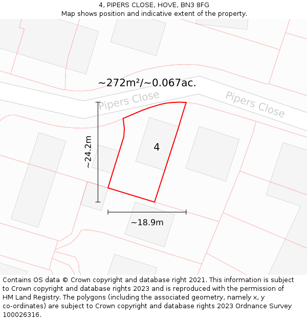4, PIPERS CLOSE, HOVE, BN3 8FG: Plot and title map