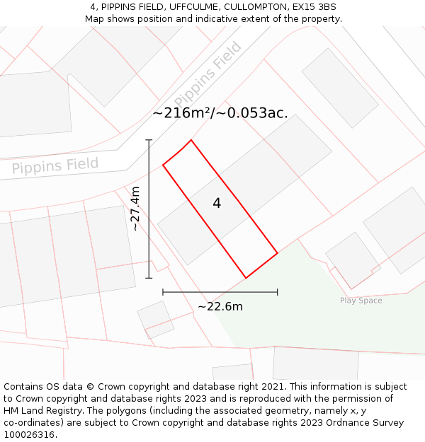 4, PIPPINS FIELD, UFFCULME, CULLOMPTON, EX15 3BS: Plot and title map