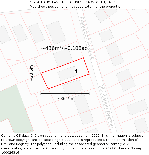 4, PLANTATION AVENUE, ARNSIDE, CARNFORTH, LA5 0HT: Plot and title map