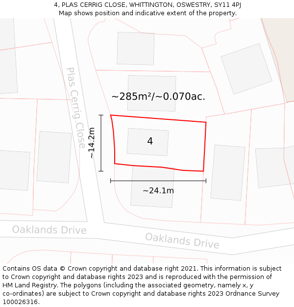4, PLAS CERRIG CLOSE, WHITTINGTON, OSWESTRY, SY11 4PJ: Plot and title map
