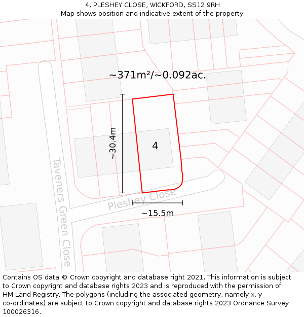 4, PLESHEY CLOSE, WICKFORD, SS12 9RH: Plot and title map