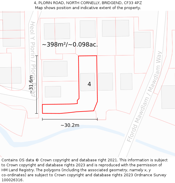 4, PLORIN ROAD, NORTH CORNELLY, BRIDGEND, CF33 4PZ: Plot and title map