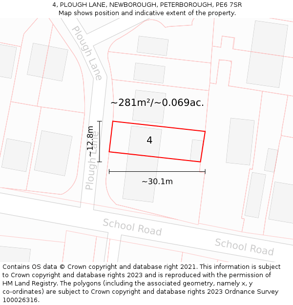 4, PLOUGH LANE, NEWBOROUGH, PETERBOROUGH, PE6 7SR: Plot and title map