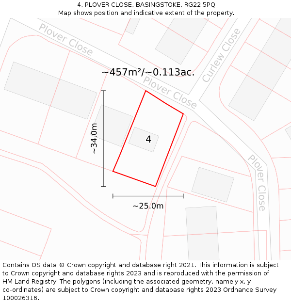 4, PLOVER CLOSE, BASINGSTOKE, RG22 5PQ: Plot and title map