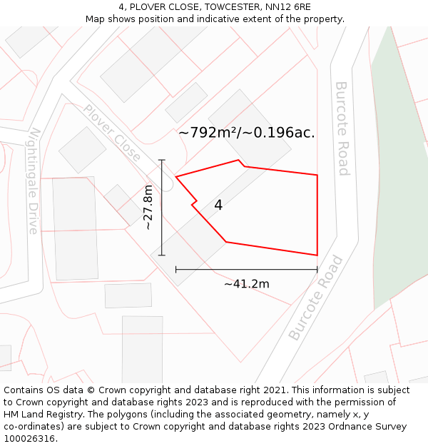 4, PLOVER CLOSE, TOWCESTER, NN12 6RE: Plot and title map