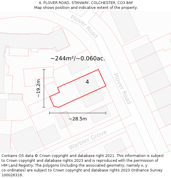 4, PLOVER ROAD, STANWAY, COLCHESTER, CO3 8AF: Plot and title map