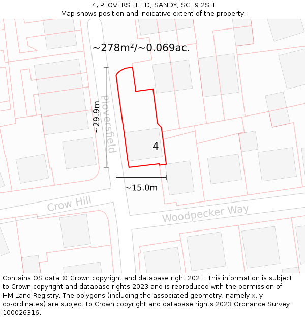 4, PLOVERS FIELD, SANDY, SG19 2SH: Plot and title map
