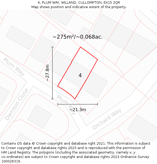 4, PLUM WAY, WILLAND, CULLOMPTON, EX15 2QR: Plot and title map