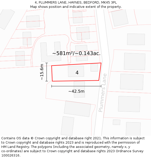 4, PLUMMERS LANE, HAYNES, BEDFORD, MK45 3PL: Plot and title map