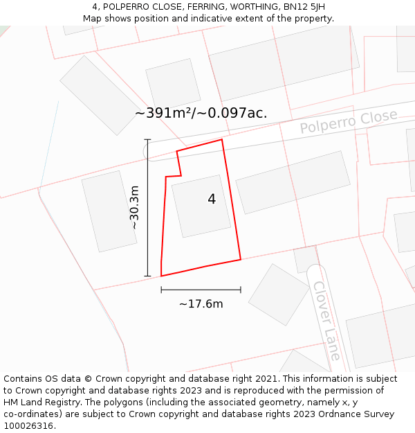 4, POLPERRO CLOSE, FERRING, WORTHING, BN12 5JH: Plot and title map