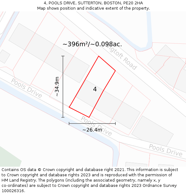 4, POOLS DRIVE, SUTTERTON, BOSTON, PE20 2HA: Plot and title map