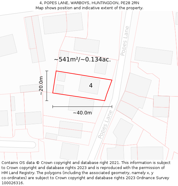 4, POPES LANE, WARBOYS, HUNTINGDON, PE28 2RN: Plot and title map
