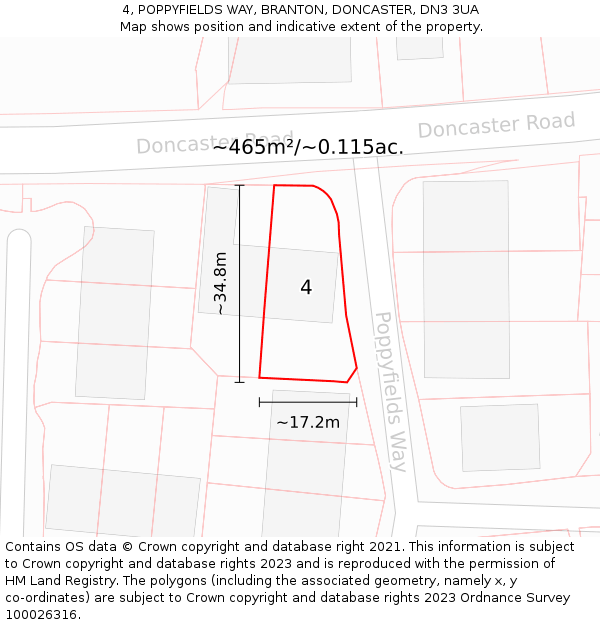 4, POPPYFIELDS WAY, BRANTON, DONCASTER, DN3 3UA: Plot and title map