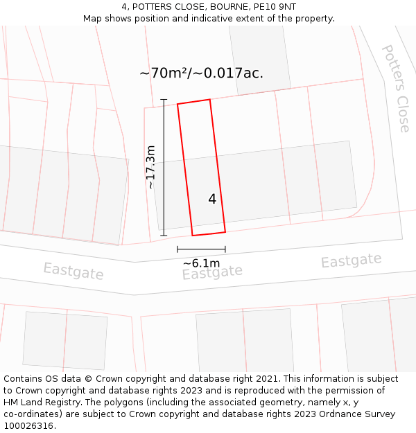 4, POTTERS CLOSE, BOURNE, PE10 9NT: Plot and title map