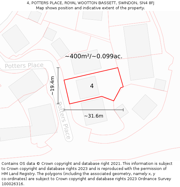 4, POTTERS PLACE, ROYAL WOOTTON BASSETT, SWINDON, SN4 8FJ: Plot and title map