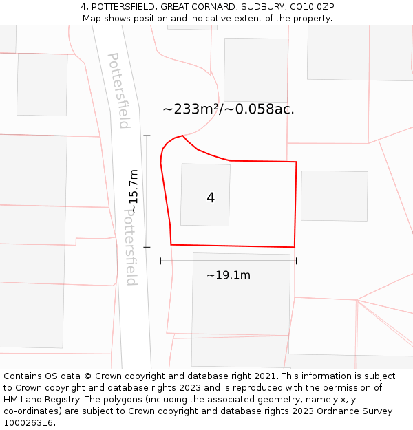 4, POTTERSFIELD, GREAT CORNARD, SUDBURY, CO10 0ZP: Plot and title map