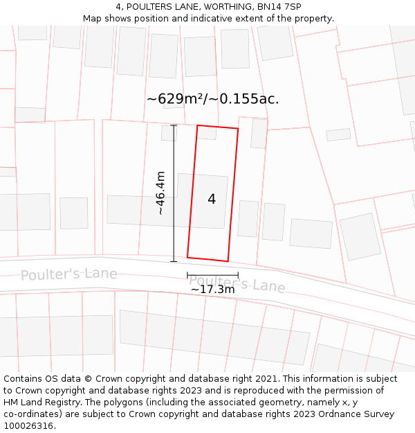 4, POULTERS LANE, WORTHING, BN14 7SP: Plot and title map