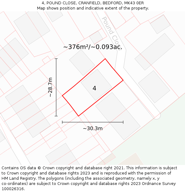 4, POUND CLOSE, CRANFIELD, BEDFORD, MK43 0ER: Plot and title map