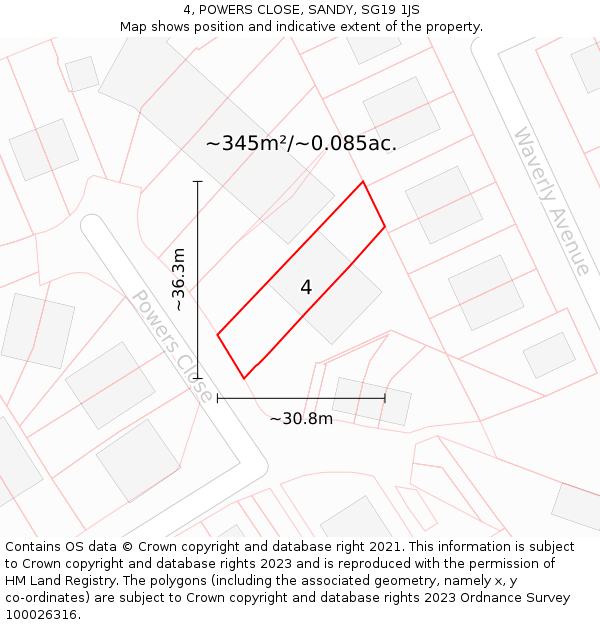 4, POWERS CLOSE, SANDY, SG19 1JS: Plot and title map