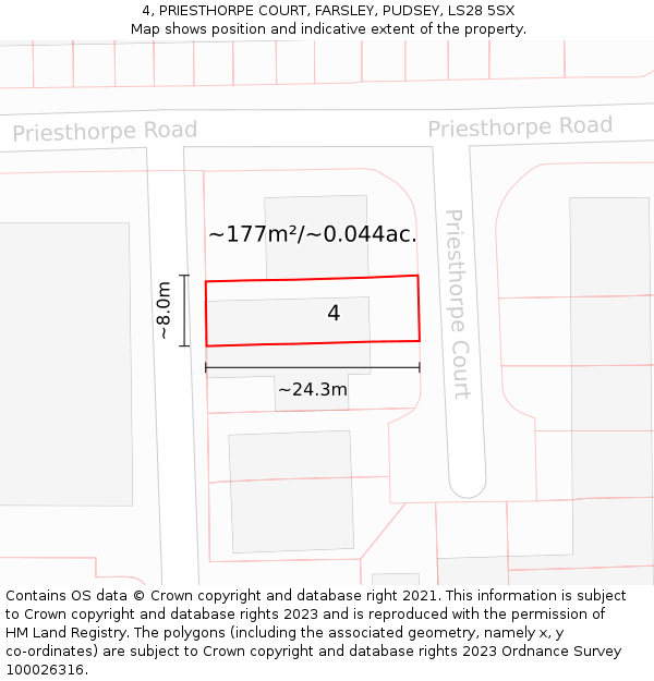 4, PRIESTHORPE COURT, FARSLEY, PUDSEY, LS28 5SX: Plot and title map
