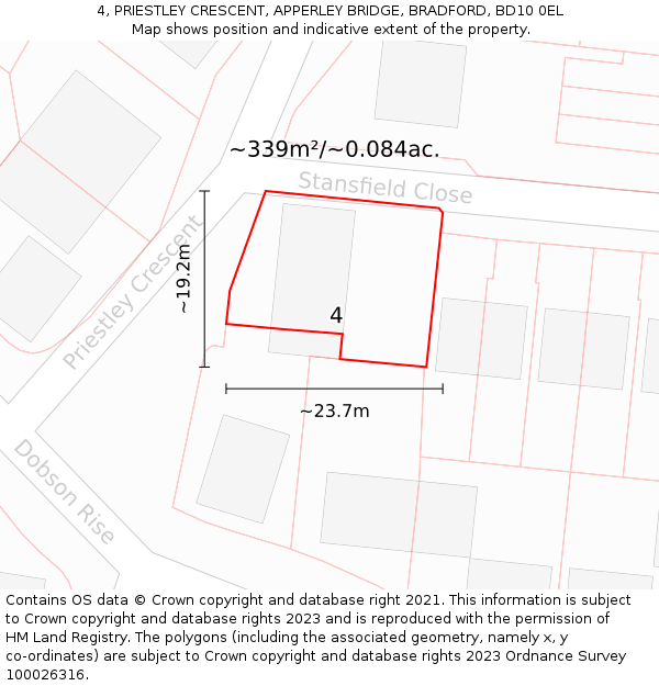 4, PRIESTLEY CRESCENT, APPERLEY BRIDGE, BRADFORD, BD10 0EL: Plot and title map