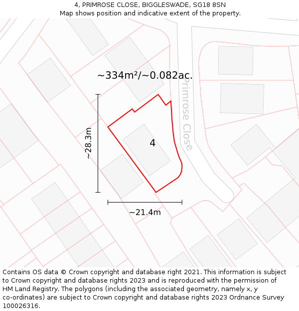 4, PRIMROSE CLOSE, BIGGLESWADE, SG18 8SN: Plot and title map