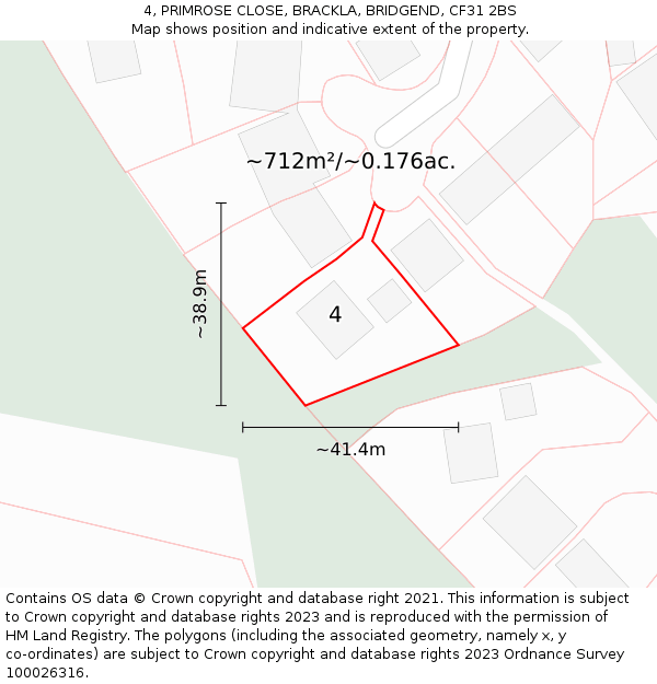 4, PRIMROSE CLOSE, BRACKLA, BRIDGEND, CF31 2BS: Plot and title map