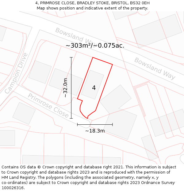 4, PRIMROSE CLOSE, BRADLEY STOKE, BRISTOL, BS32 0EH: Plot and title map