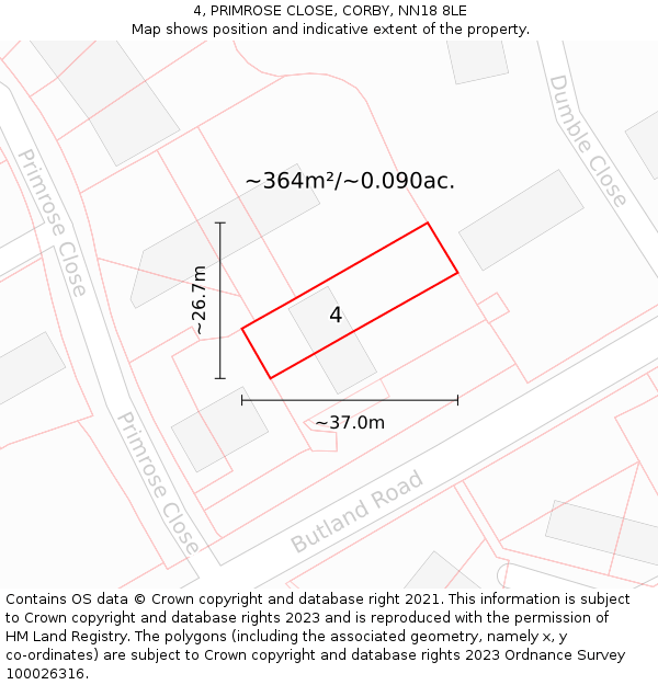 4, PRIMROSE CLOSE, CORBY, NN18 8LE: Plot and title map