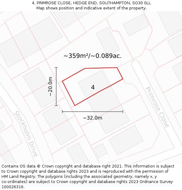 4, PRIMROSE CLOSE, HEDGE END, SOUTHAMPTON, SO30 0LL: Plot and title map