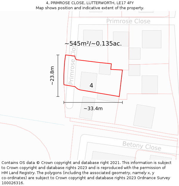 4, PRIMROSE CLOSE, LUTTERWORTH, LE17 4FY: Plot and title map