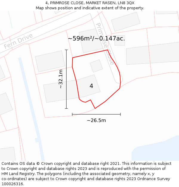 4, PRIMROSE CLOSE, MARKET RASEN, LN8 3QX: Plot and title map