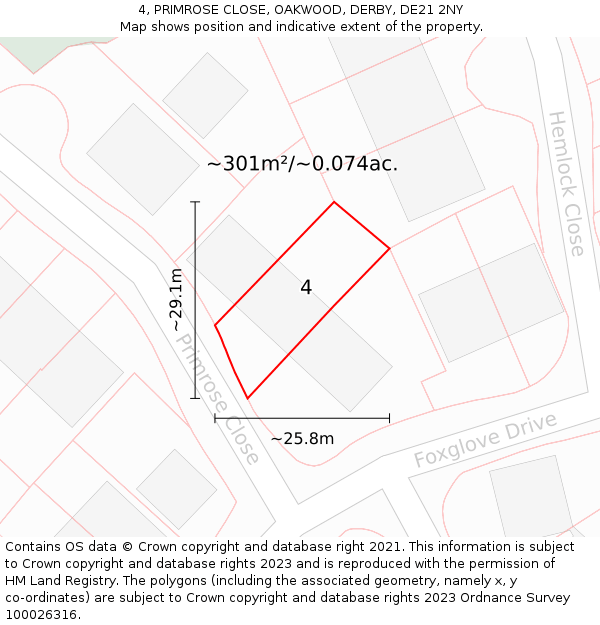 4, PRIMROSE CLOSE, OAKWOOD, DERBY, DE21 2NY: Plot and title map