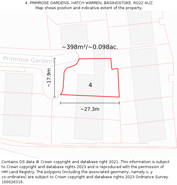 4, PRIMROSE GARDENS, HATCH WARREN, BASINGSTOKE, RG22 4UZ: Plot and title map