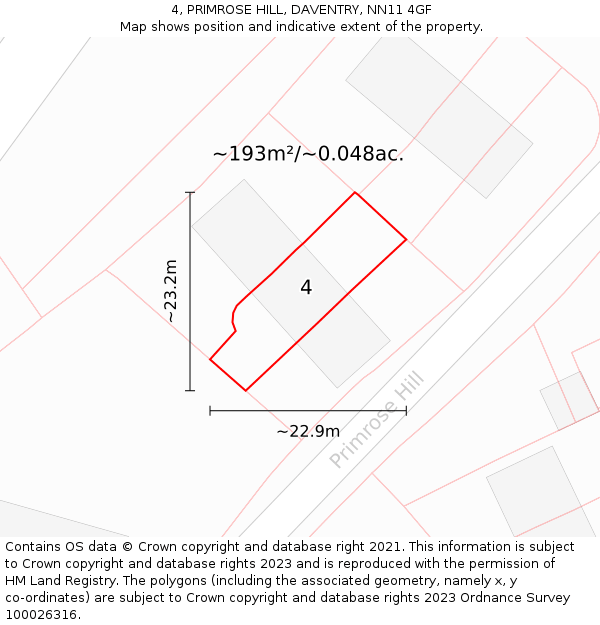 4, PRIMROSE HILL, DAVENTRY, NN11 4GF: Plot and title map
