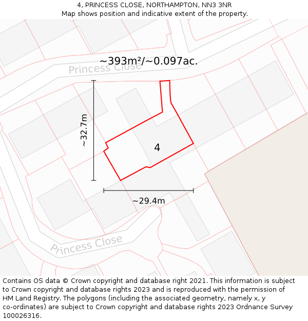 4, PRINCESS CLOSE, NORTHAMPTON, NN3 3NR: Plot and title map