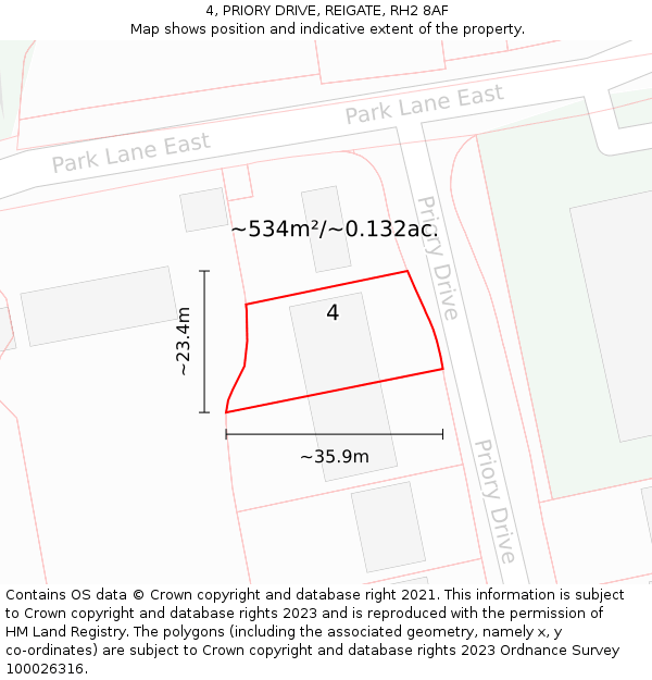 4, PRIORY DRIVE, REIGATE, RH2 8AF: Plot and title map