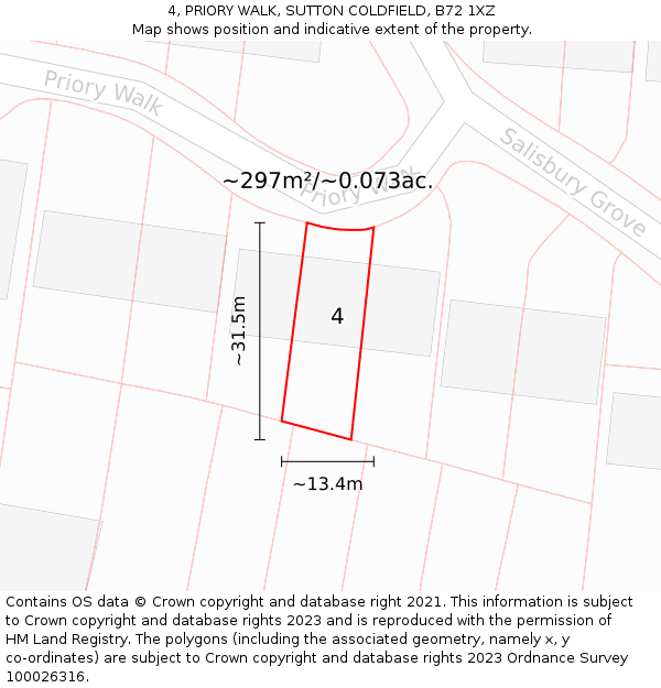 4, PRIORY WALK, SUTTON COLDFIELD, B72 1XZ: Plot and title map