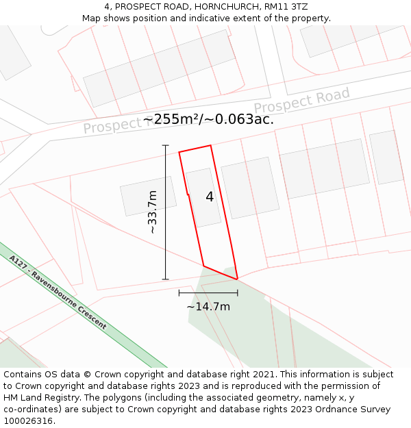 4, PROSPECT ROAD, HORNCHURCH, RM11 3TZ: Plot and title map