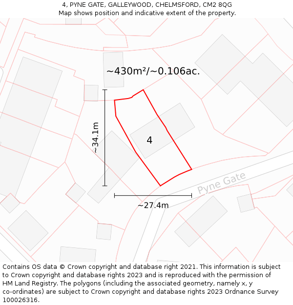 4, PYNE GATE, GALLEYWOOD, CHELMSFORD, CM2 8QG: Plot and title map