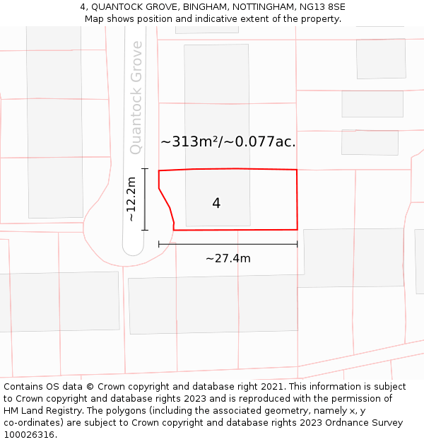 4, QUANTOCK GROVE, BINGHAM, NOTTINGHAM, NG13 8SE: Plot and title map