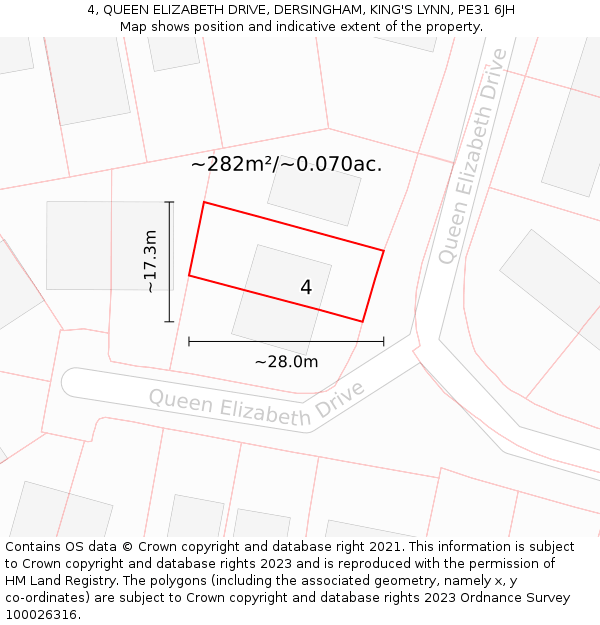 4, QUEEN ELIZABETH DRIVE, DERSINGHAM, KING'S LYNN, PE31 6JH: Plot and title map