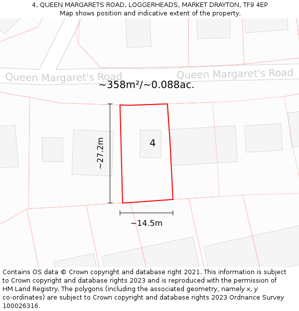 4, QUEEN MARGARETS ROAD, LOGGERHEADS, MARKET DRAYTON, TF9 4EP: Plot and title map