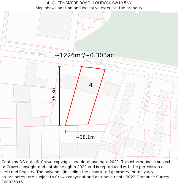 4, QUEENSMERE ROAD, LONDON, SW19 5NY: Plot and title map