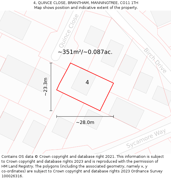 4, QUINCE CLOSE, BRANTHAM, MANNINGTREE, CO11 1TH: Plot and title map