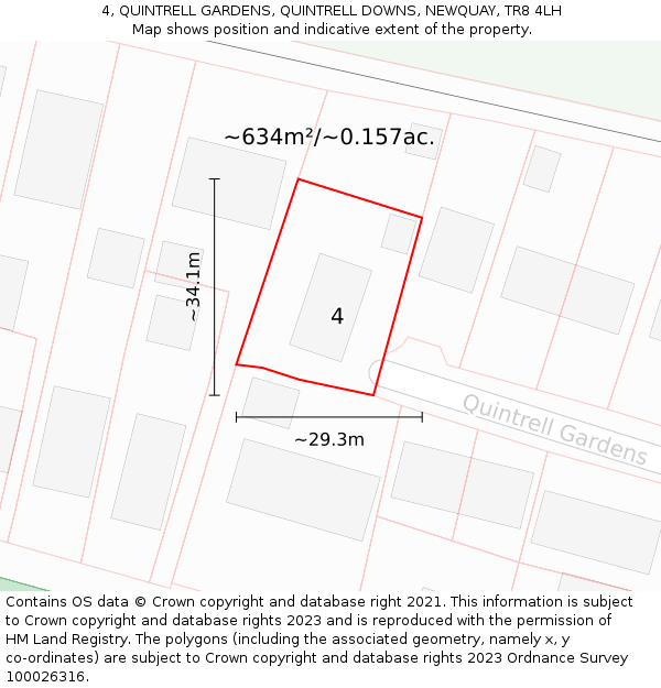4, QUINTRELL GARDENS, QUINTRELL DOWNS, NEWQUAY, TR8 4LH: Plot and title map