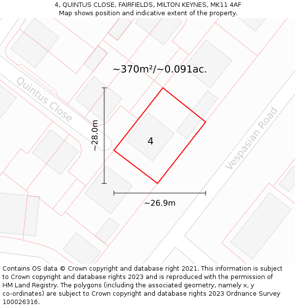 4, QUINTUS CLOSE, FAIRFIELDS, MILTON KEYNES, MK11 4AF: Plot and title map