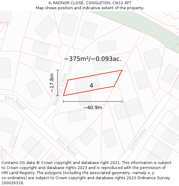 4, RADNOR CLOSE, CONGLETON, CW12 4PT: Plot and title map