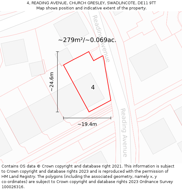 4, READING AVENUE, CHURCH GRESLEY, SWADLINCOTE, DE11 9TT: Plot and title map