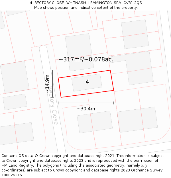 4, RECTORY CLOSE, WHITNASH, LEAMINGTON SPA, CV31 2QS: Plot and title map